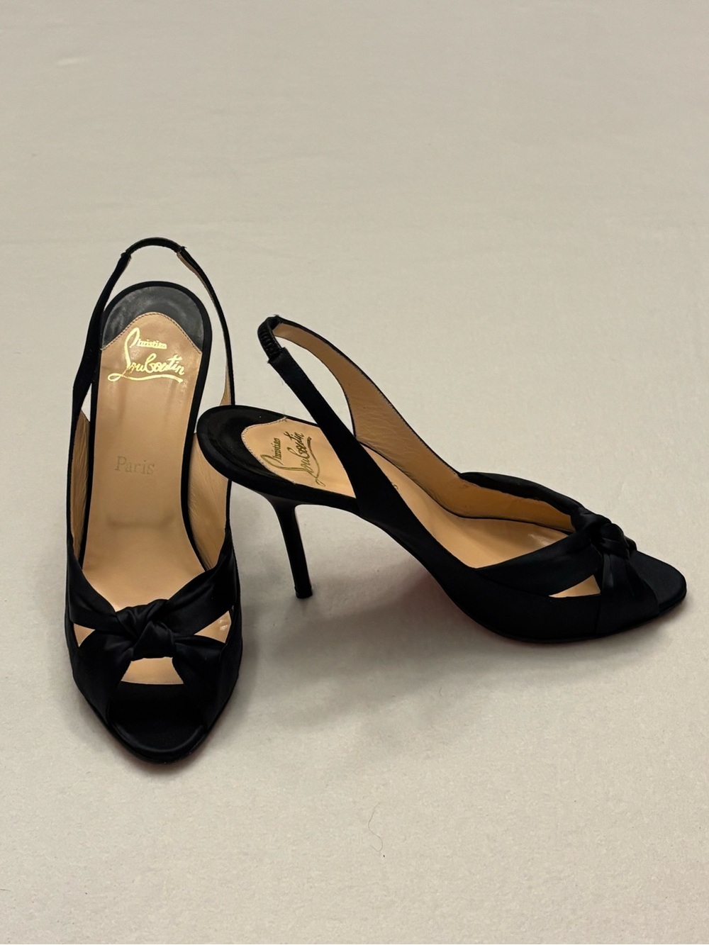 Christian Louboutin Classic Black Satin Knot Slingback Heels Sz 40 1/2/10 1/2 US